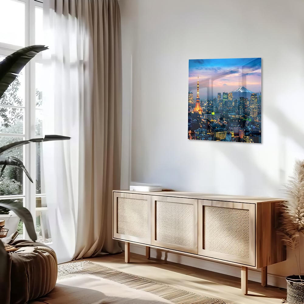 Glasbild mit Stadtpanorama, Fuji und Tokyo Tower – Glasbild aus Sicherheitsglas, Größe 120x60