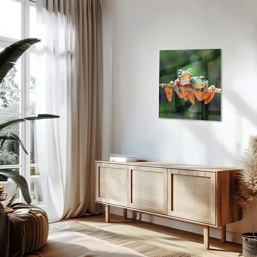 Fröhliches Glasbild mit Frosch auf einem Ast – Glasbild aus Sicherheitsglas, Größe 120x60