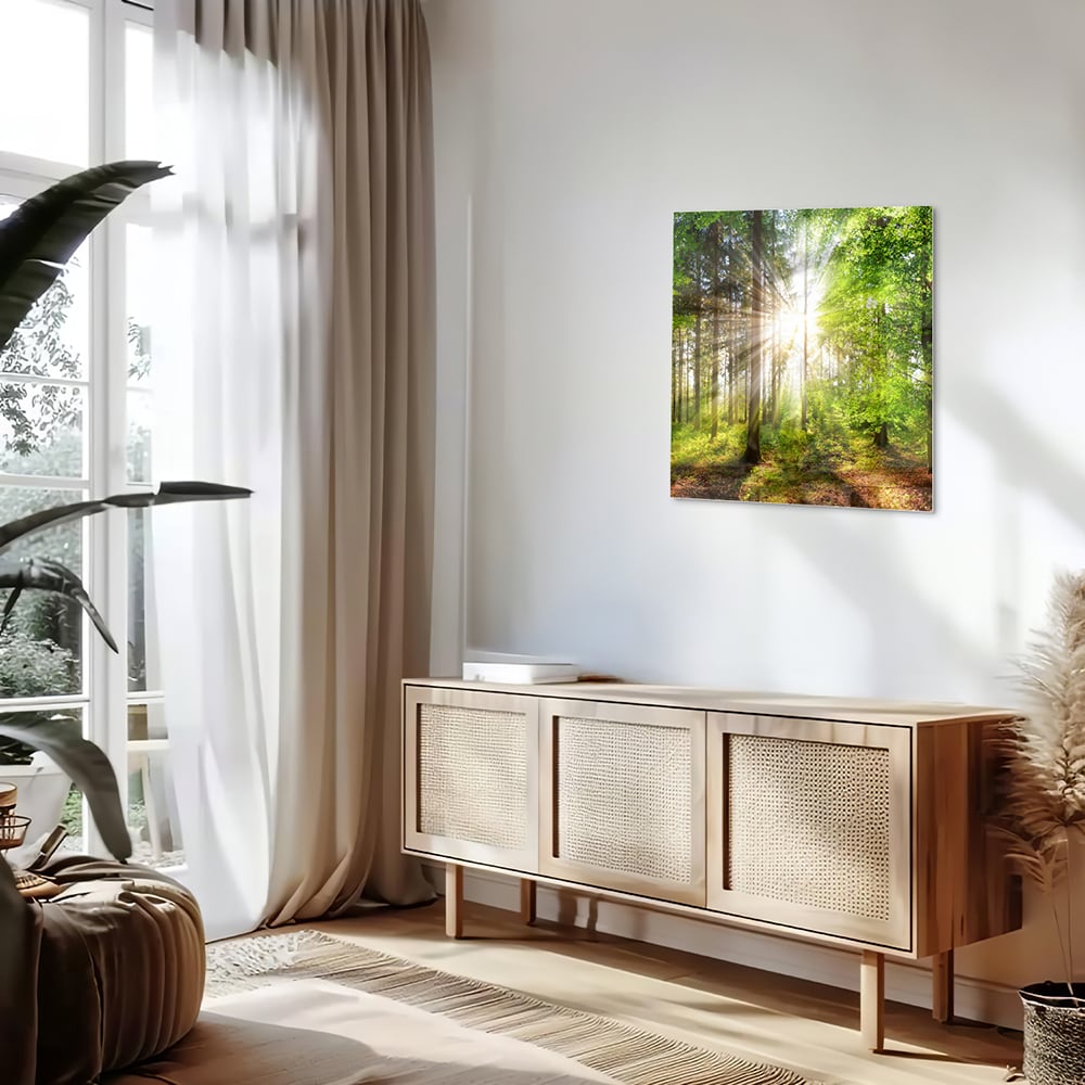 Glasbild mit sonnigem Wald für die Wohndekoration – Glasbild aus Sicherheitsglas, Größe 120x60