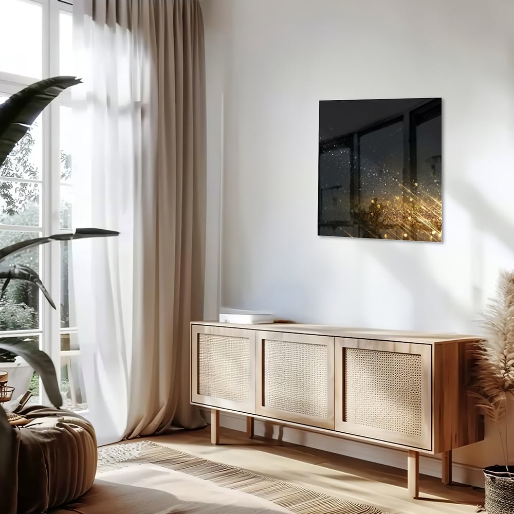 Schwarzes Glasbild mit Sternen und Lichtreflexionen – Glasbild aus Sicherheitsglas, Größe 120x60