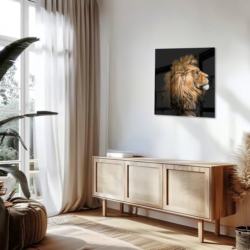Glasbild mit majestätischem Löwen – Glasbild aus Sicherheitsglas, Größe 120x60