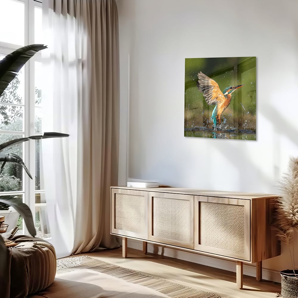 Glasbild mit einem farbenfrohen Eisvogel – Glasbild aus Sicherheitsglas, Größe 120x60