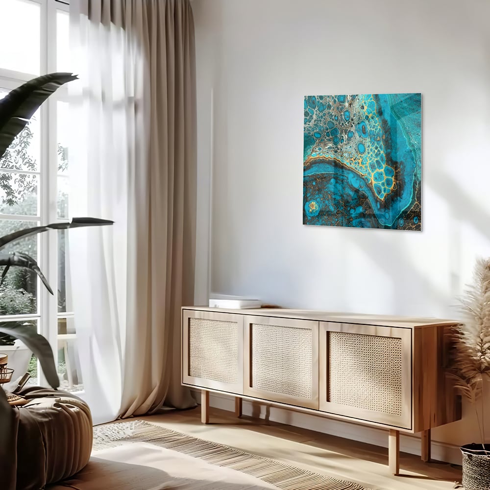 Abstraktes Glasbild in Türkis und Gold – Glasbild aus Sicherheitsglas, Größe 120x60