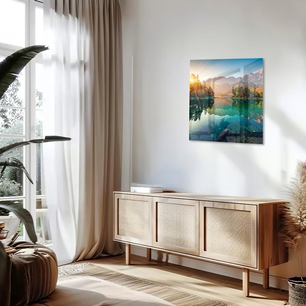 Wunderschönes Glasbild mit Berglandschaft und See – Glasbild aus Sicherheitsglas, Größe 120x60