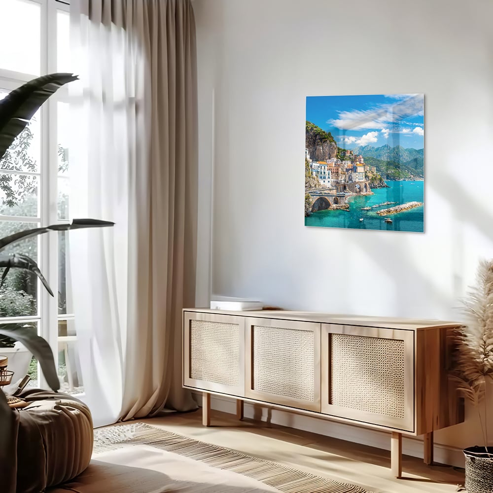 Glasbild mit blauem See und Bergen – Glasbild aus Sicherheitsglas, Größe 120x60