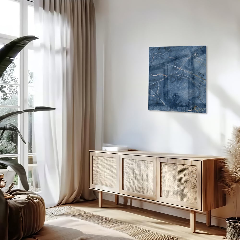 Blaues Glasbild mit Marmoroptik – Glasbild aus Sicherheitsglas, Größe 120x60