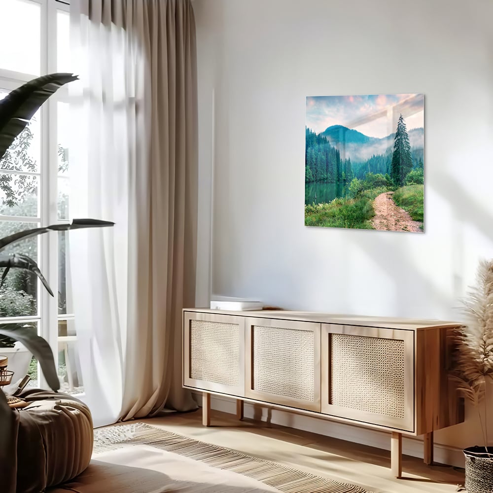 Stimmungsvolles Glasbild mit einer Berglandschaft – Glasbild aus Sicherheitsglas, Größe 120x60