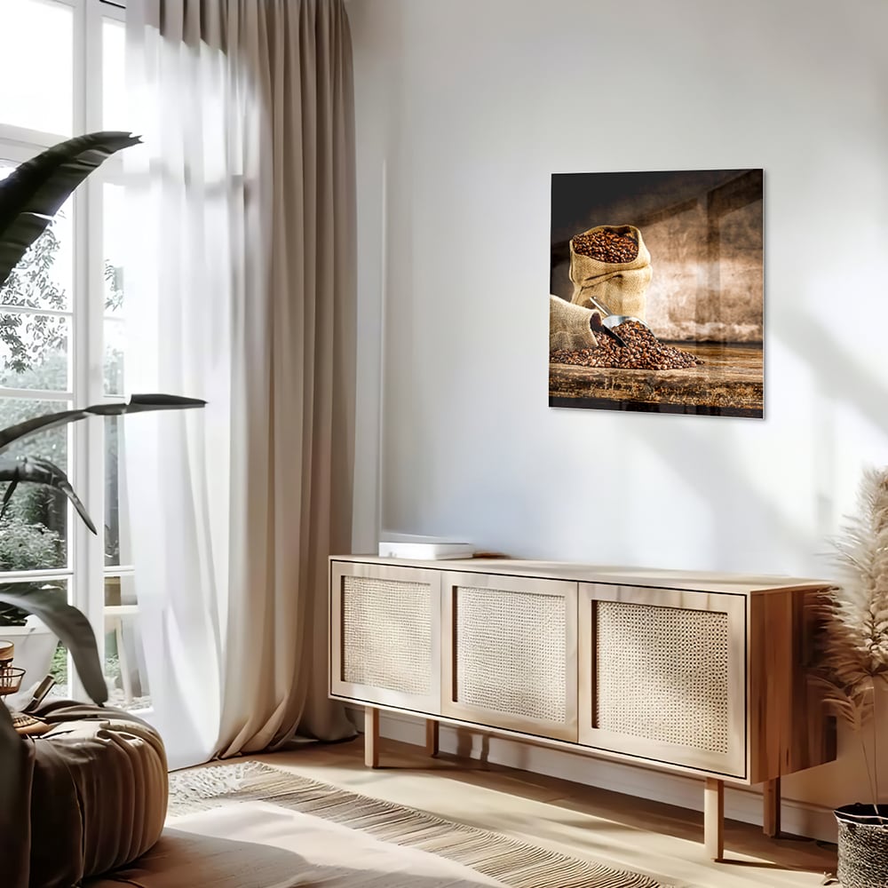 Glasbild mit Kaffee und Natur – Glasbild aus Sicherheitsglas, Größe 120x60