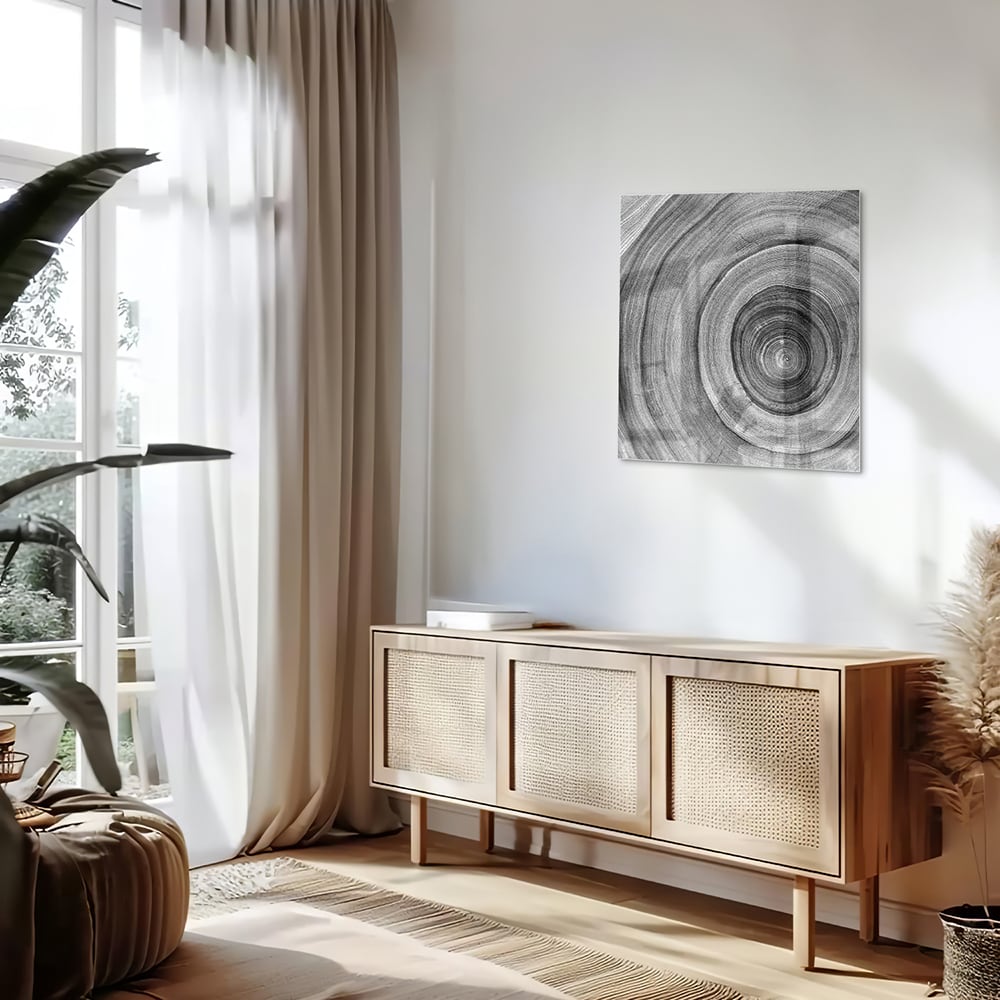 Abstraktes graues Glasbild mit Kreisen – Glasbild aus Sicherheitsglas, Größe 120x60