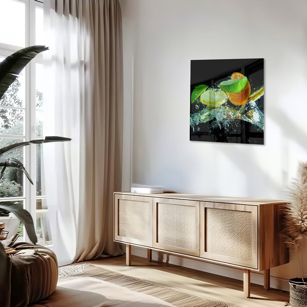 Glasbild mit farbenfrohen Zitrusfrüchten – Glasbild aus Sicherheitsglas, Größe 120x60