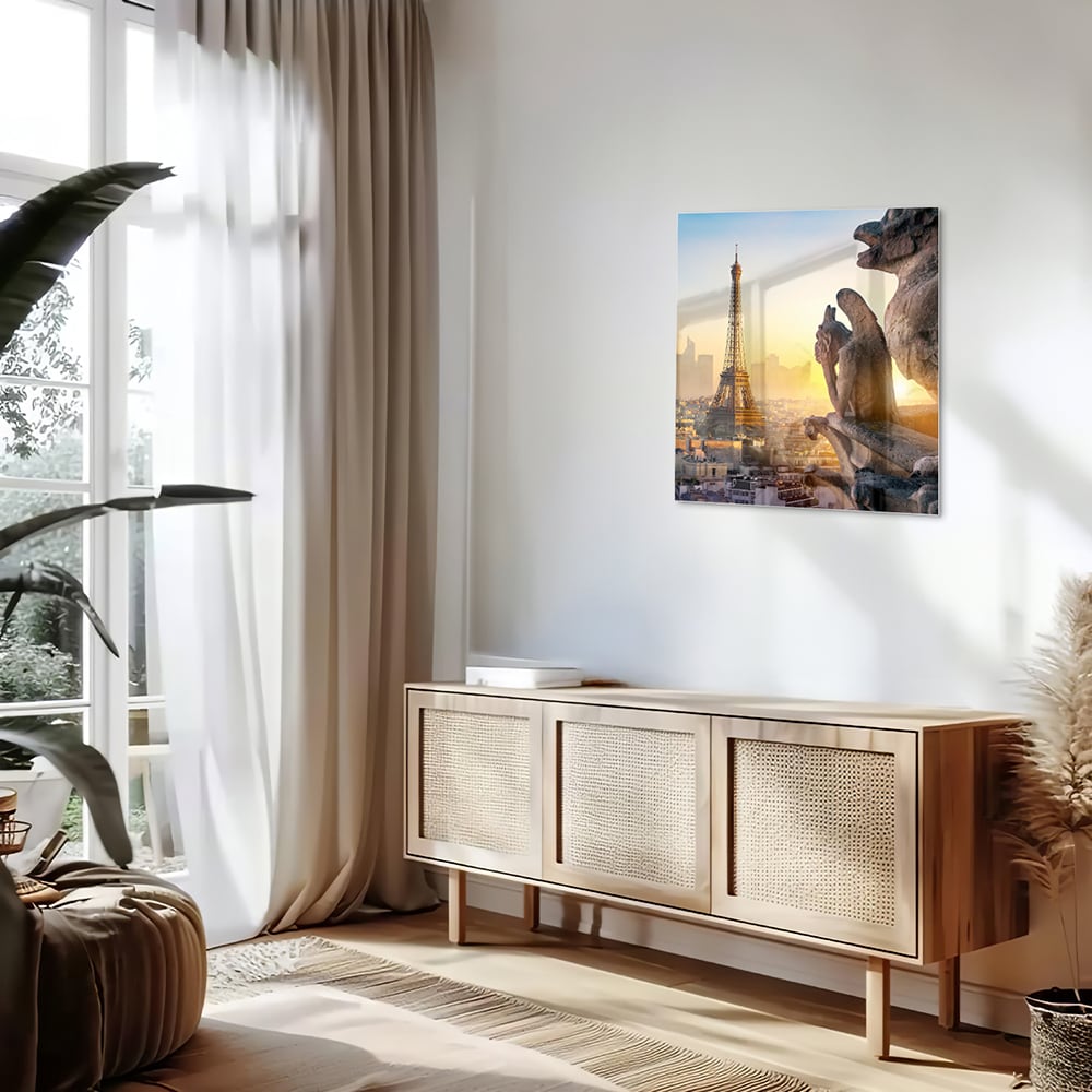 Glasbild mit dem Eiffelturm bei Sonnenuntergang – Glasbild aus Sicherheitsglas, Größe 120x60