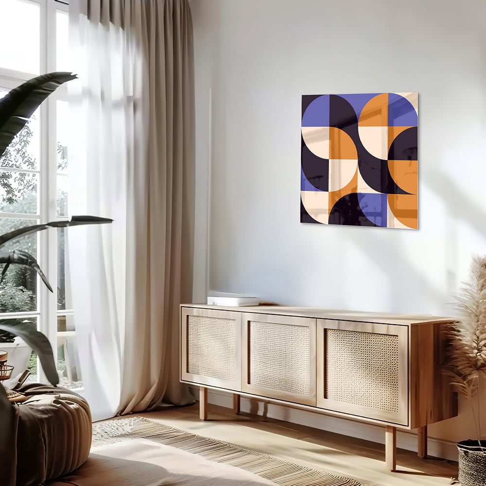 Abstraktes Glasbild in blauen und Orangetönen – Glasbild aus Sicherheitsglas, Größe 120x60