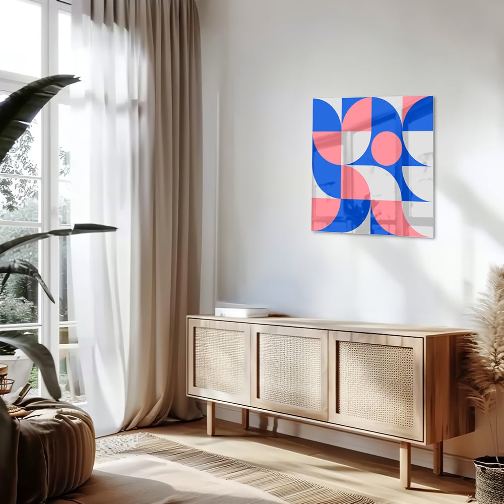 Abstraktes Glasbild mit blauen und rosa Farbtönen – Glasbild aus Sicherheitsglas, Größe 120x60