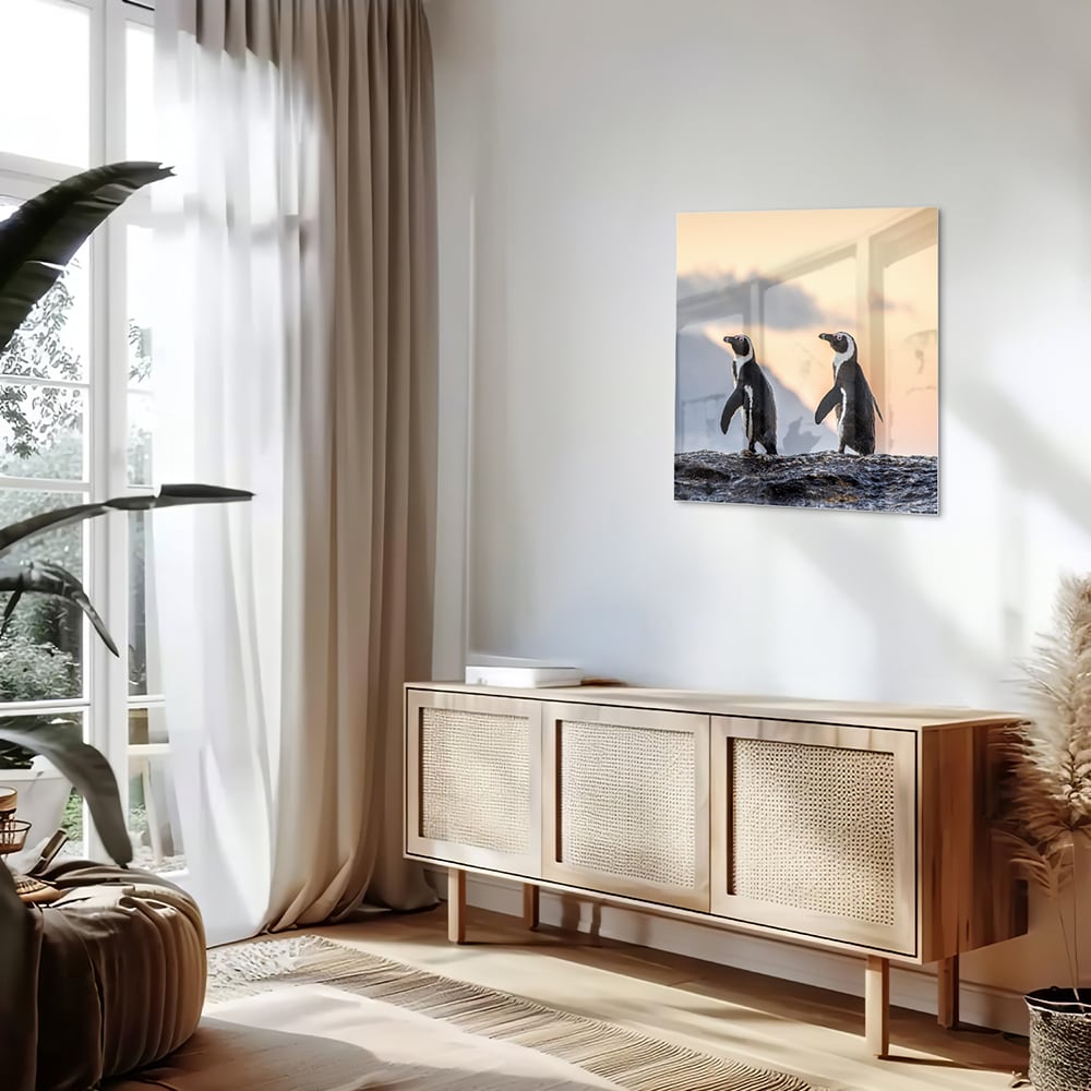 Glasbild mit Pinguinen bei Sonnenuntergang – Glasbild aus Sicherheitsglas, Größe 120x60