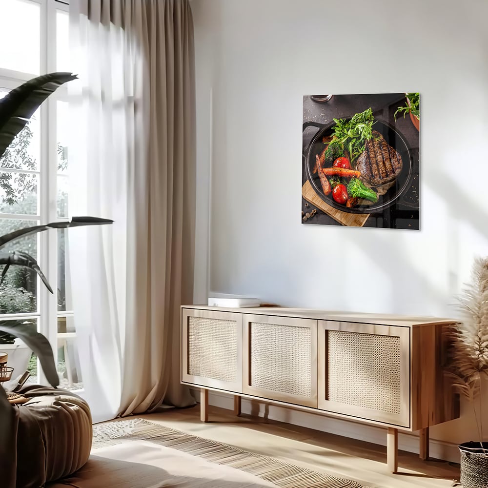 Glasbild mit köstlichen gegrillten Speisen – Glasbild aus Sicherheitsglas, Größe 120x60
