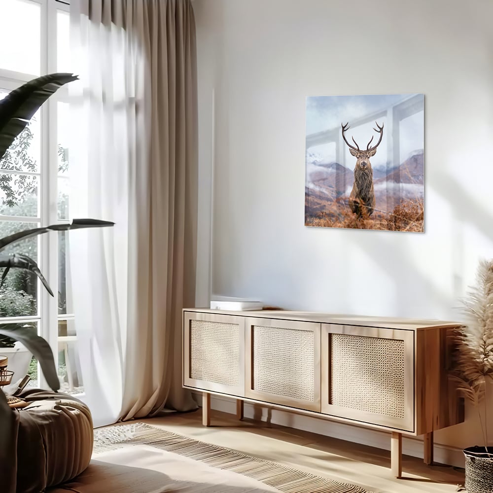 Glasbild mit majestätischem Hirsch in einer ruhigen Berglandschaft – Glasbild aus Sicherheitsglas, Größe 120x60