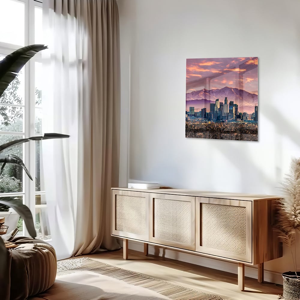 Glasbild Stadtpanorama bei Sonnenuntergang – Glasbild aus Sicherheitsglas, Größe 120x60