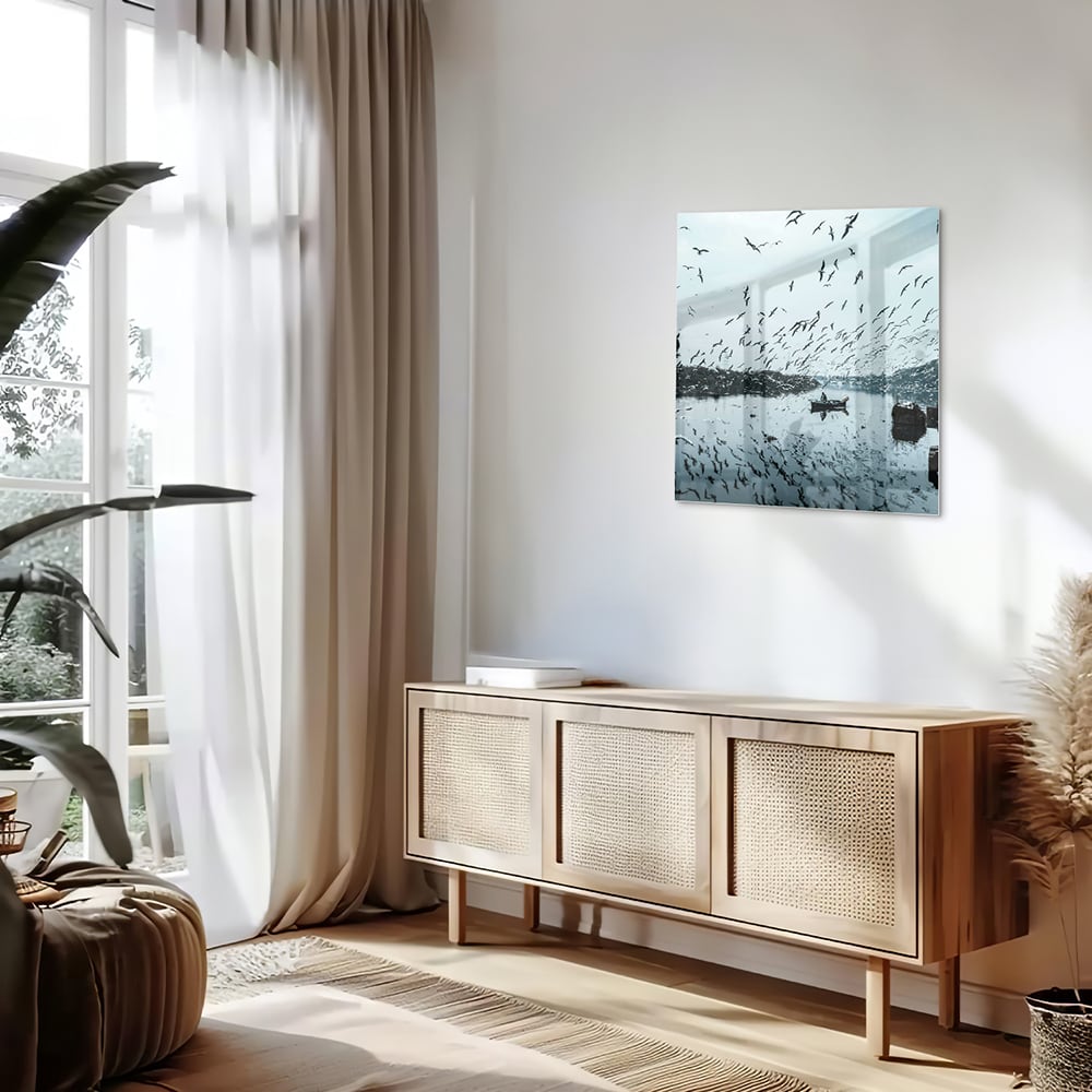 Glasbild mit Vögeln über einer ruhigen Wasserreflexion – Glasbild aus Sicherheitsglas, Größe 120x60