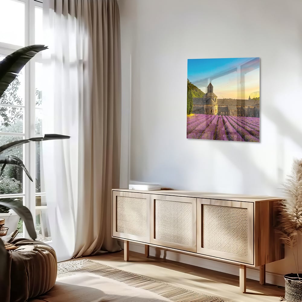 Wunderschönes Glasbild mit Lavendelfeldern – Glasbild aus Sicherheitsglas, Größe 120x60