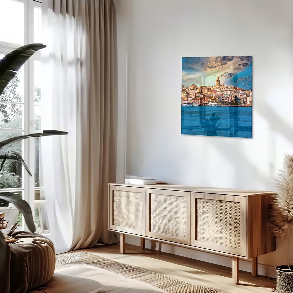 Glasbild – Stadt am See – Glasbild aus Sicherheitsglas, Größe 120x60