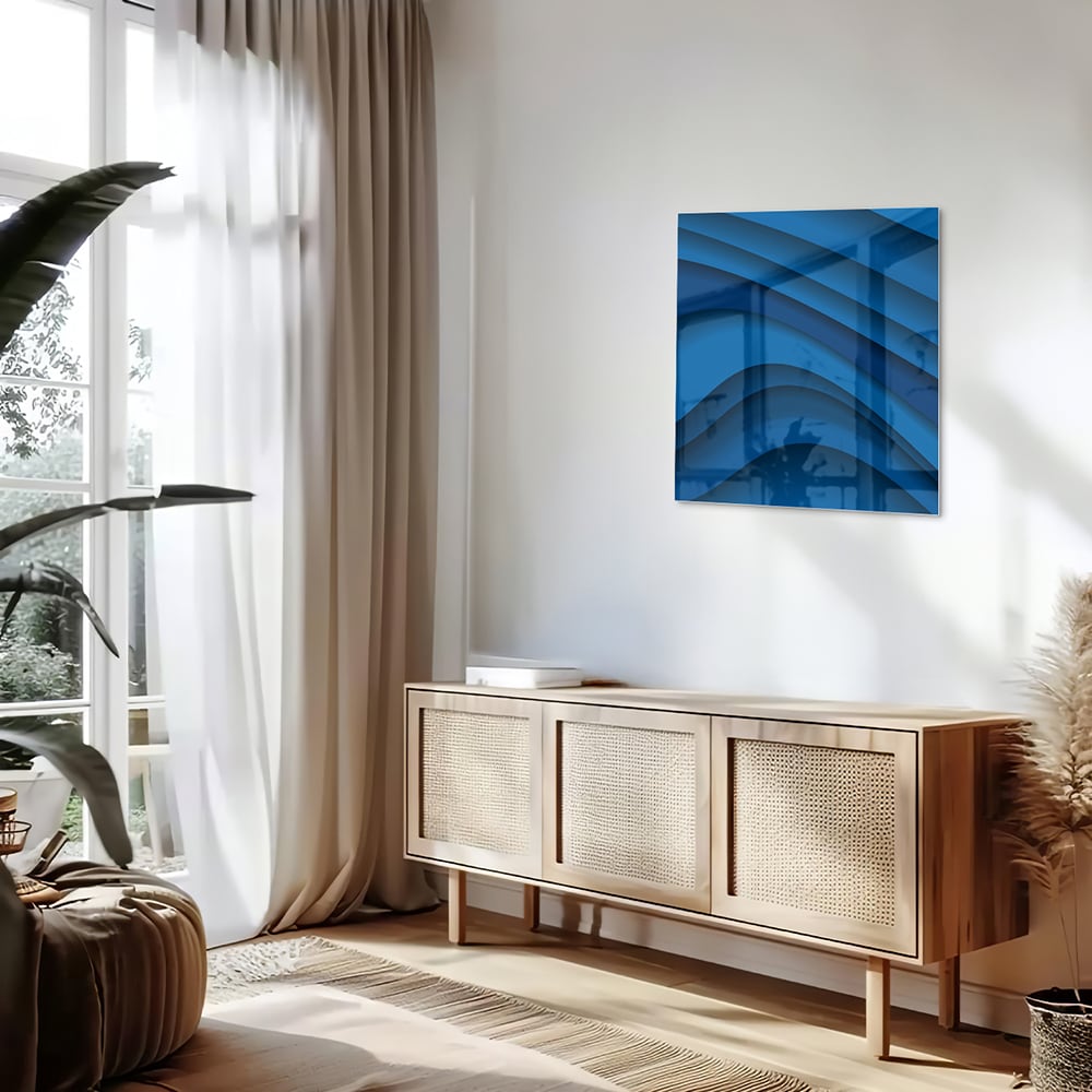 Modernes Glasbild in verschiedenen Blautönen – Glasbild aus Sicherheitsglas, Größe 120x60