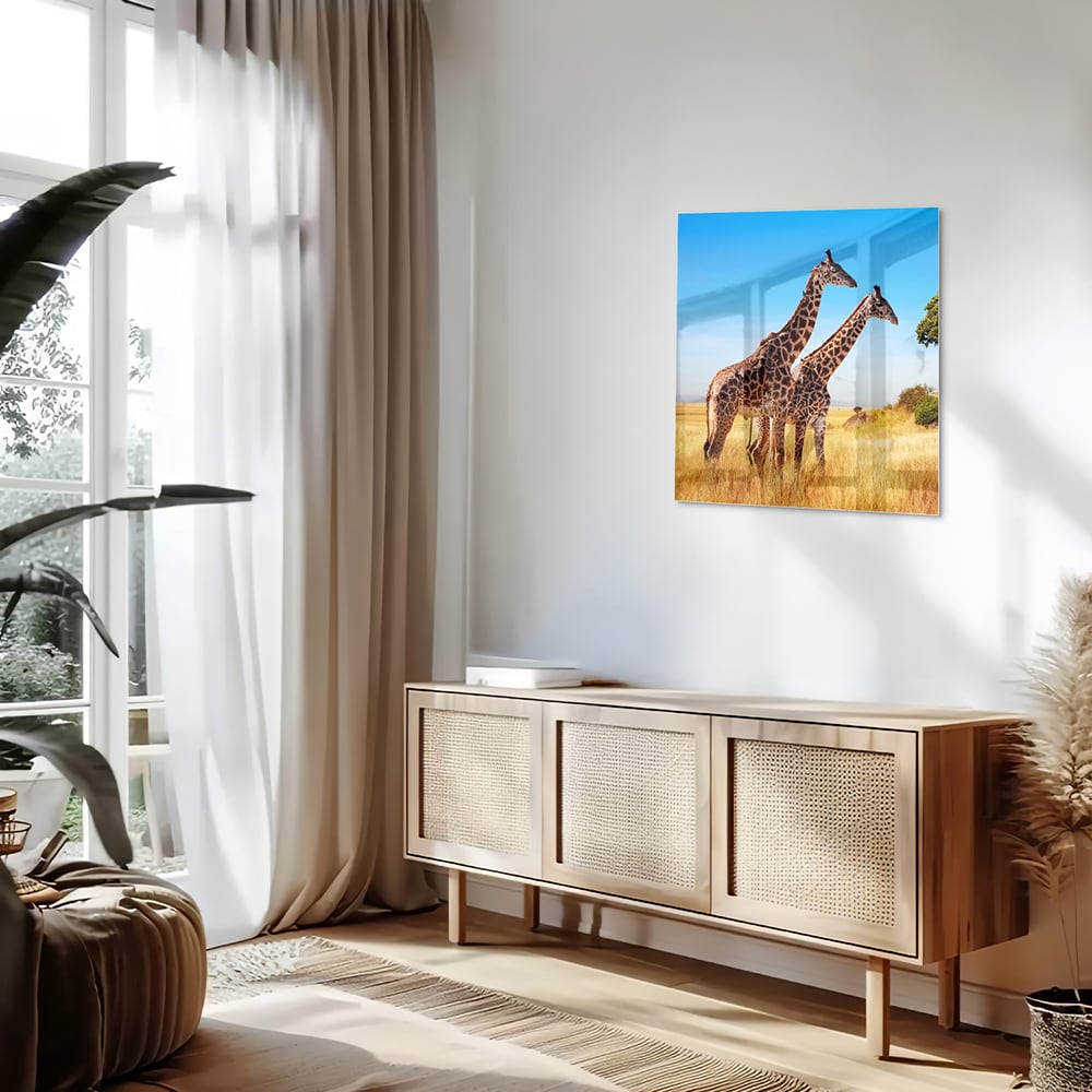 Glasbild mit zwei Giraffen in der afrikanischen Landschaft – Glasbild aus Sicherheitsglas, Größe 120x60