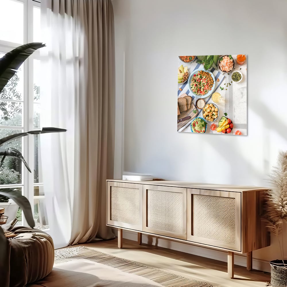 Farbenfrohes Glasbild mit frischen Speisen – Glasbild aus Sicherheitsglas, Größe 120x60