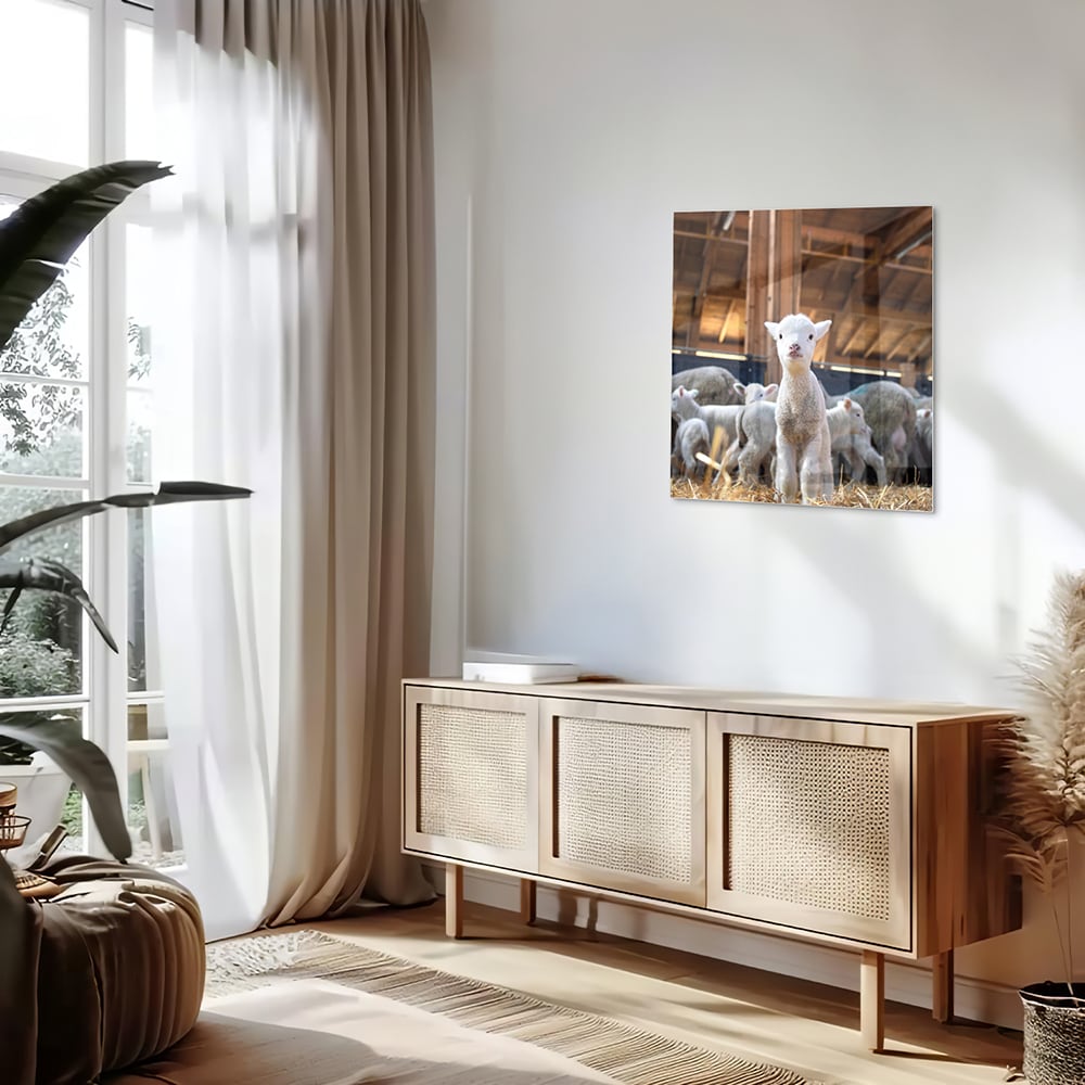 Glasbild – Niedliche Lämmer in einem Stall – Glasbild aus Sicherheitsglas, Größe 120x60
