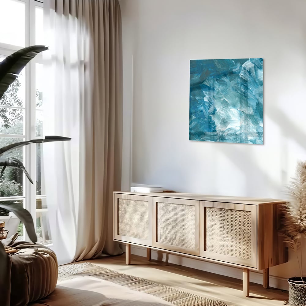Abstraktes Glasbild in harmonischen Blautönen – Glasbild aus Sicherheitsglas, Größe 120x60