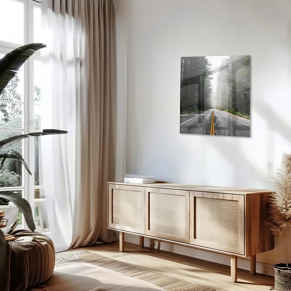 Glasbild – Erkundung eines nebligen Weges – Glasbild aus Sicherheitsglas, Größe 120x60