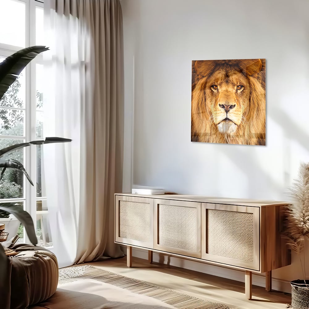 Glasbild mit majestätischem Löwen für Ihr Interieur – Glasbild aus Sicherheitsglas, Größe 120x60