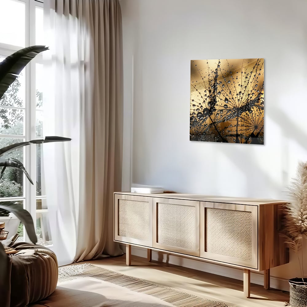 Glasbild mit goldenen Wassertropfen – Glasbild aus Sicherheitsglas, Größe 120x60