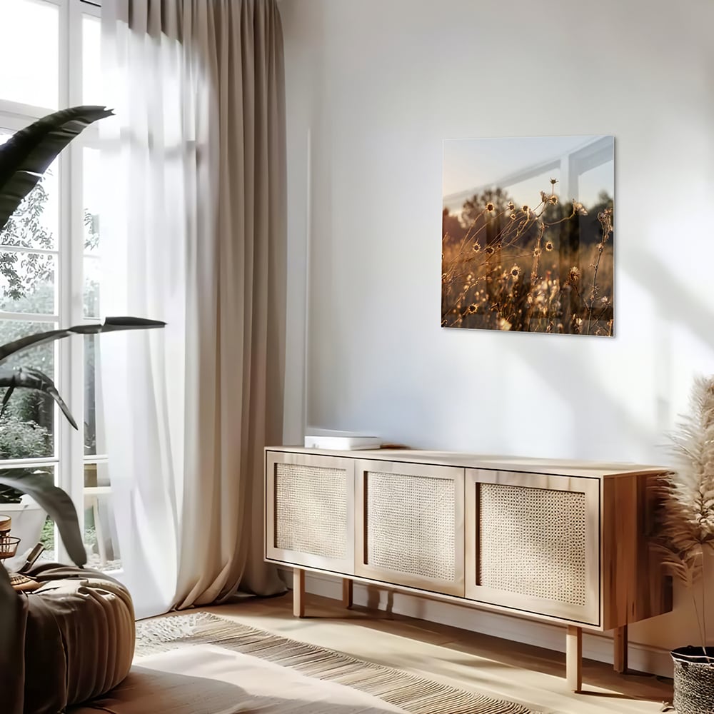Zauberhaftes Glasbild mit goldenem Sonnenuntergang – Glasbild aus Sicherheitsglas, Größe 120x60