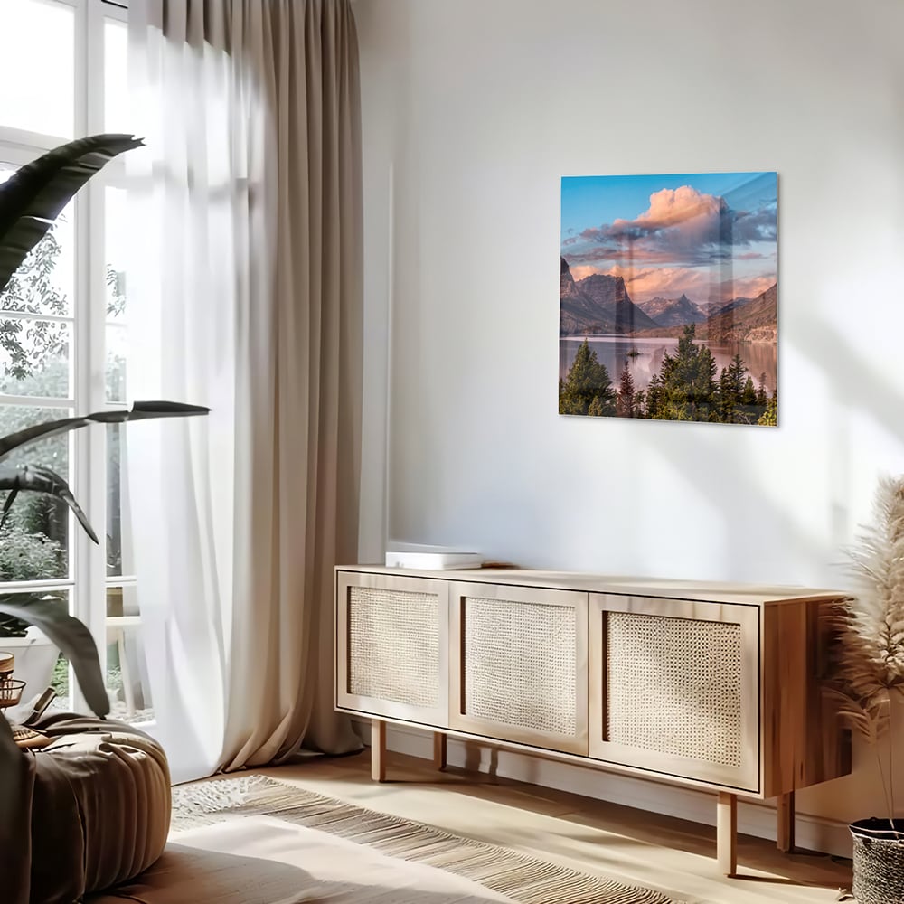 Glasbild mit Bergen bei Sonnenaufgang – Glasbild aus Sicherheitsglas, Größe 120x60