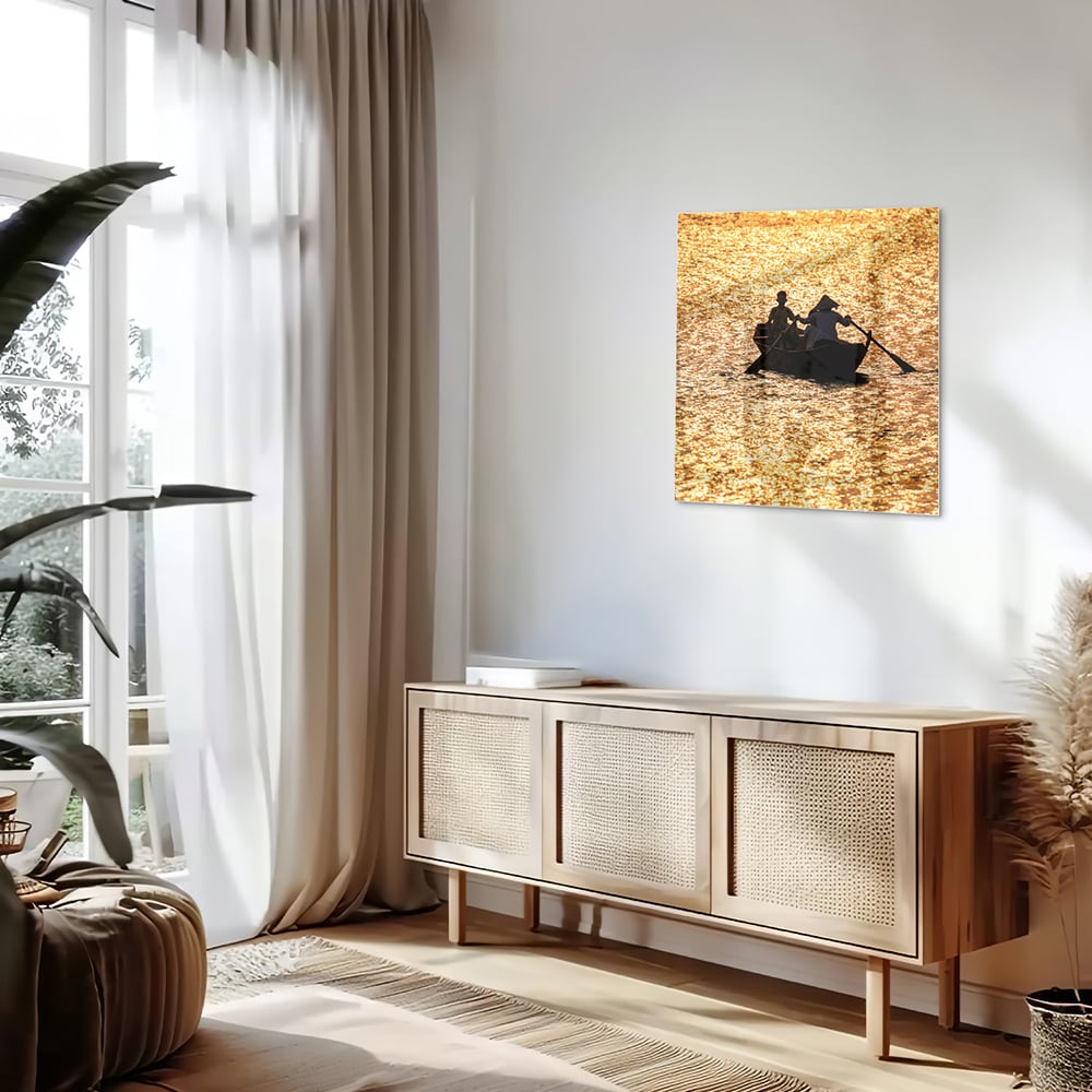 Glasbild mit Ruderboot auf goldenem Wasser – Glasbild aus Sicherheitsglas, Größe 120x60