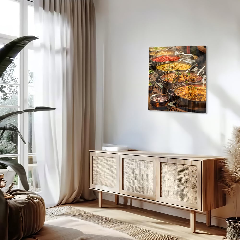 Farbenfrohes Glasbild mit indischem Essen – Glasbild aus Sicherheitsglas, Größe 120x60
