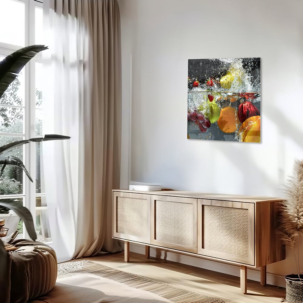 Leuchtendes Glasbild mit Früchten und Wassertropfen – Glasbild aus Sicherheitsglas, Größe 120x60