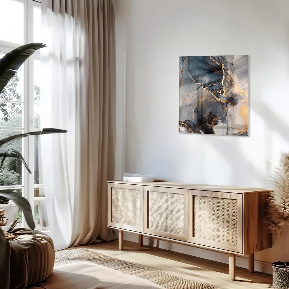 Elegantes Glasbild mit Blau und Gold – Glasbild aus Sicherheitsglas, Größe 120x60