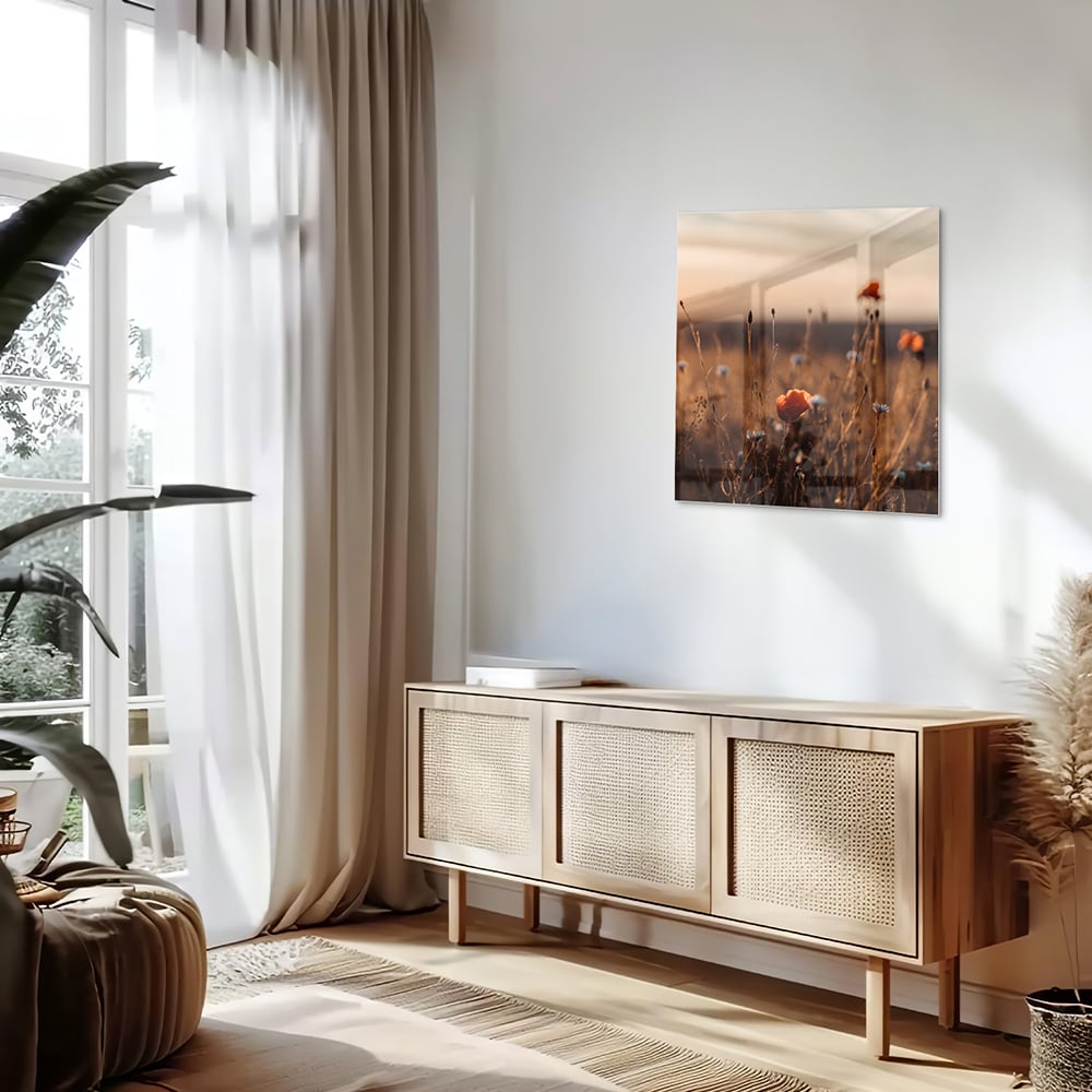 Glasbild – Mohnfeld in sanftem Glanz – Glasbild aus Sicherheitsglas, Größe 120x60