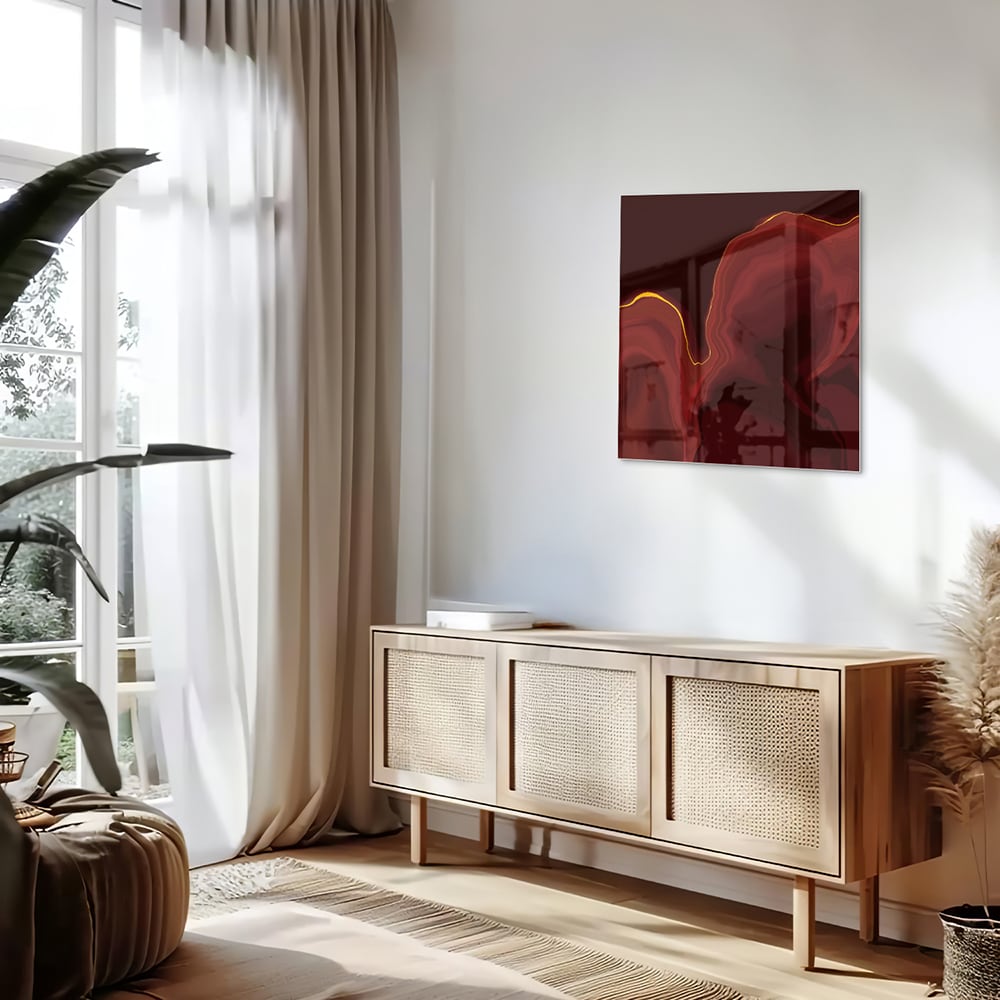 Abstraktes Glasbild mit warmen Rottönen – Glasbild aus Sicherheitsglas, Größe 120x60