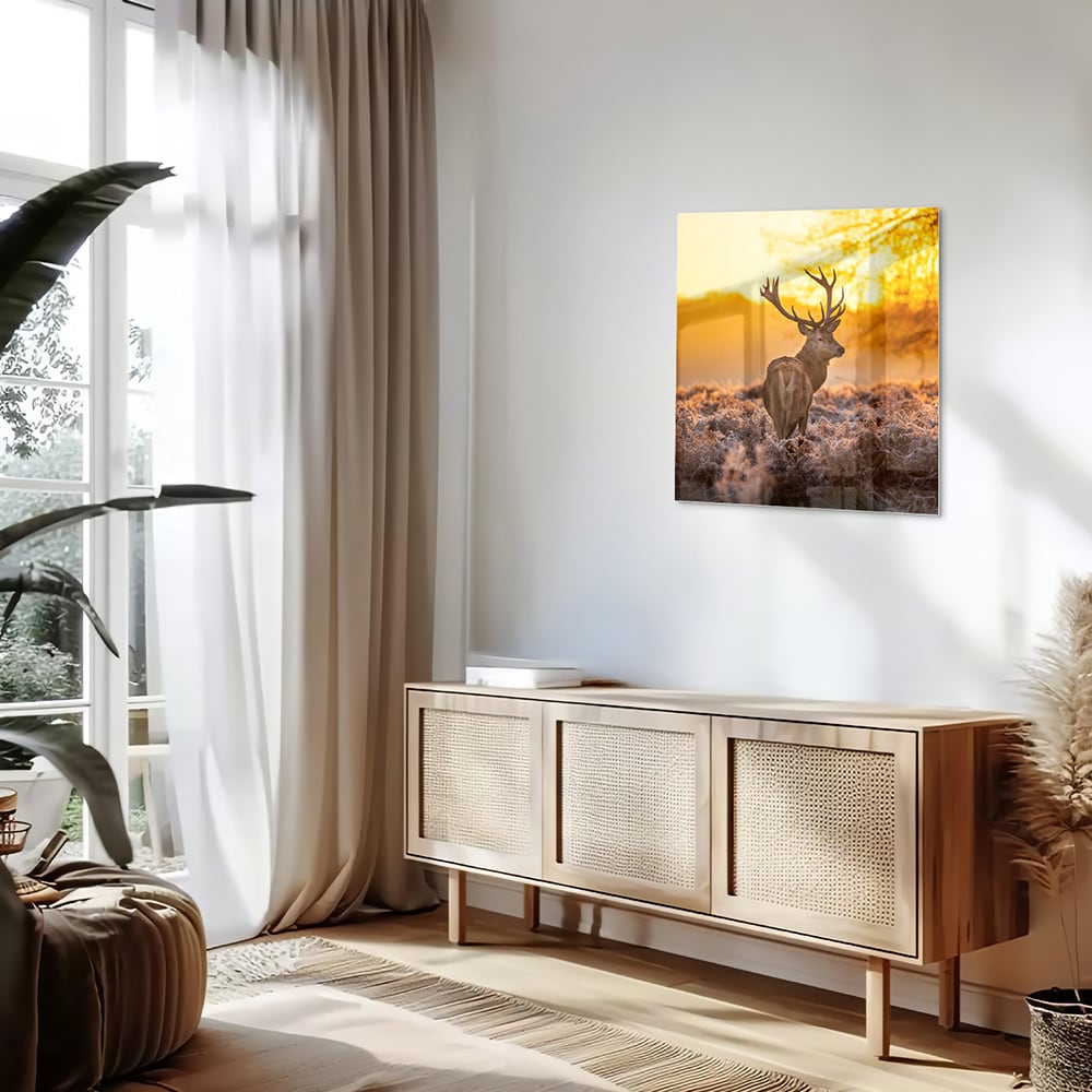 Glasbild mit einem Hirsch in der aufgehenden Sonne – Glasbild aus Sicherheitsglas, Größe 120x60