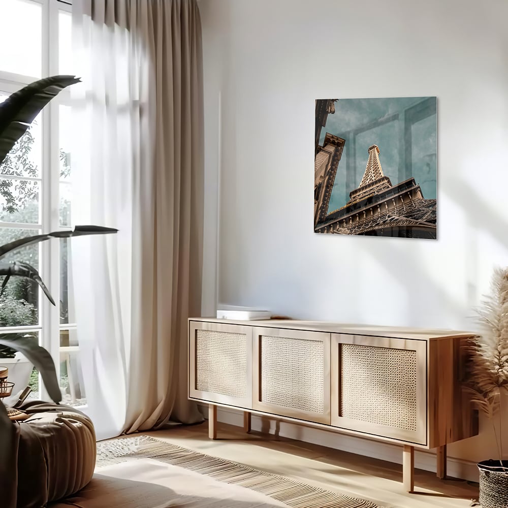 Glasbild mit dem Eiffelturm in luxuriöser Optik – Glasbild aus Sicherheitsglas, Größe 120x60