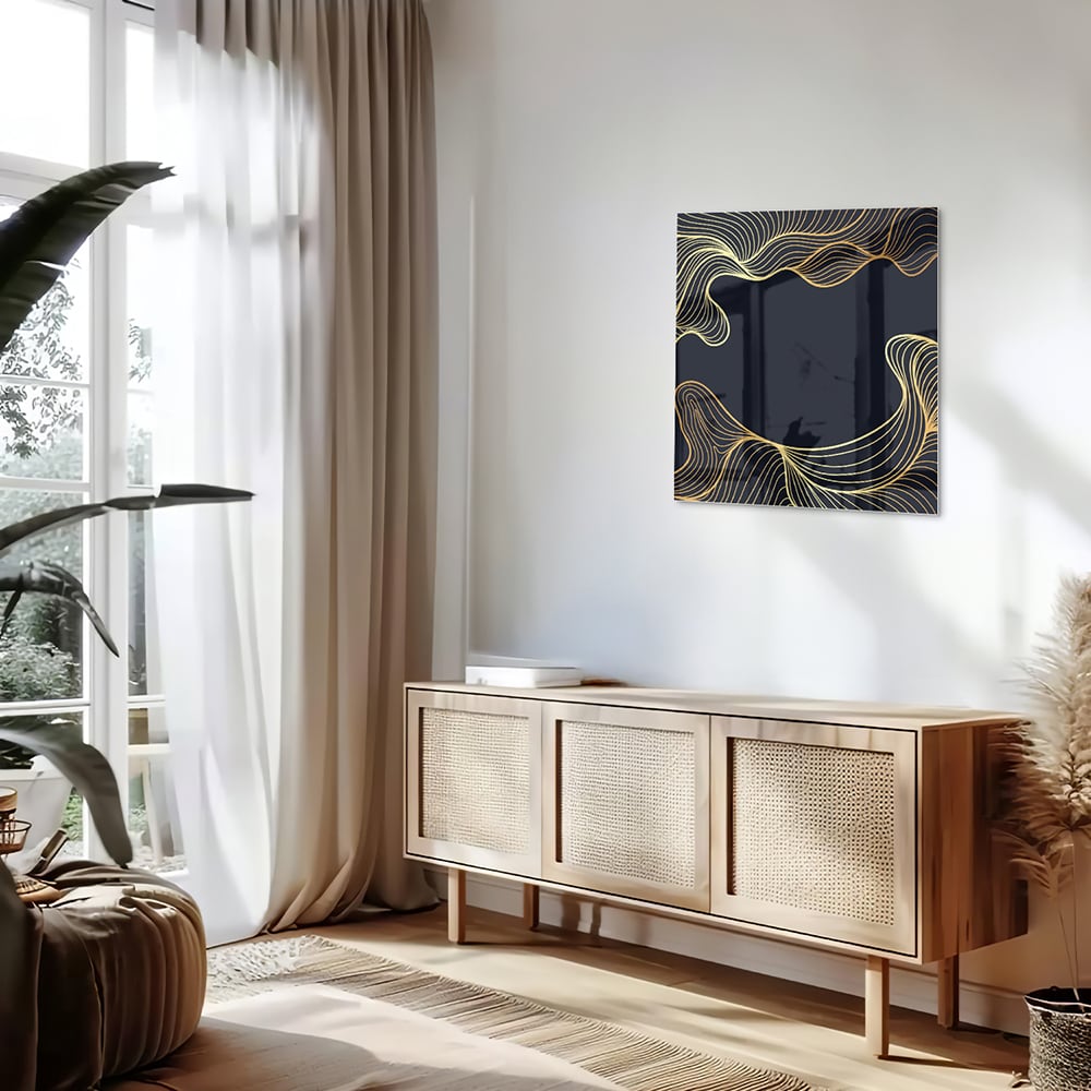 Elegantes Glasbild mit goldenen Linien auf dunkelblauem Hintergrund – Glasbild aus Sicherheitsglas, Größe 120x60
