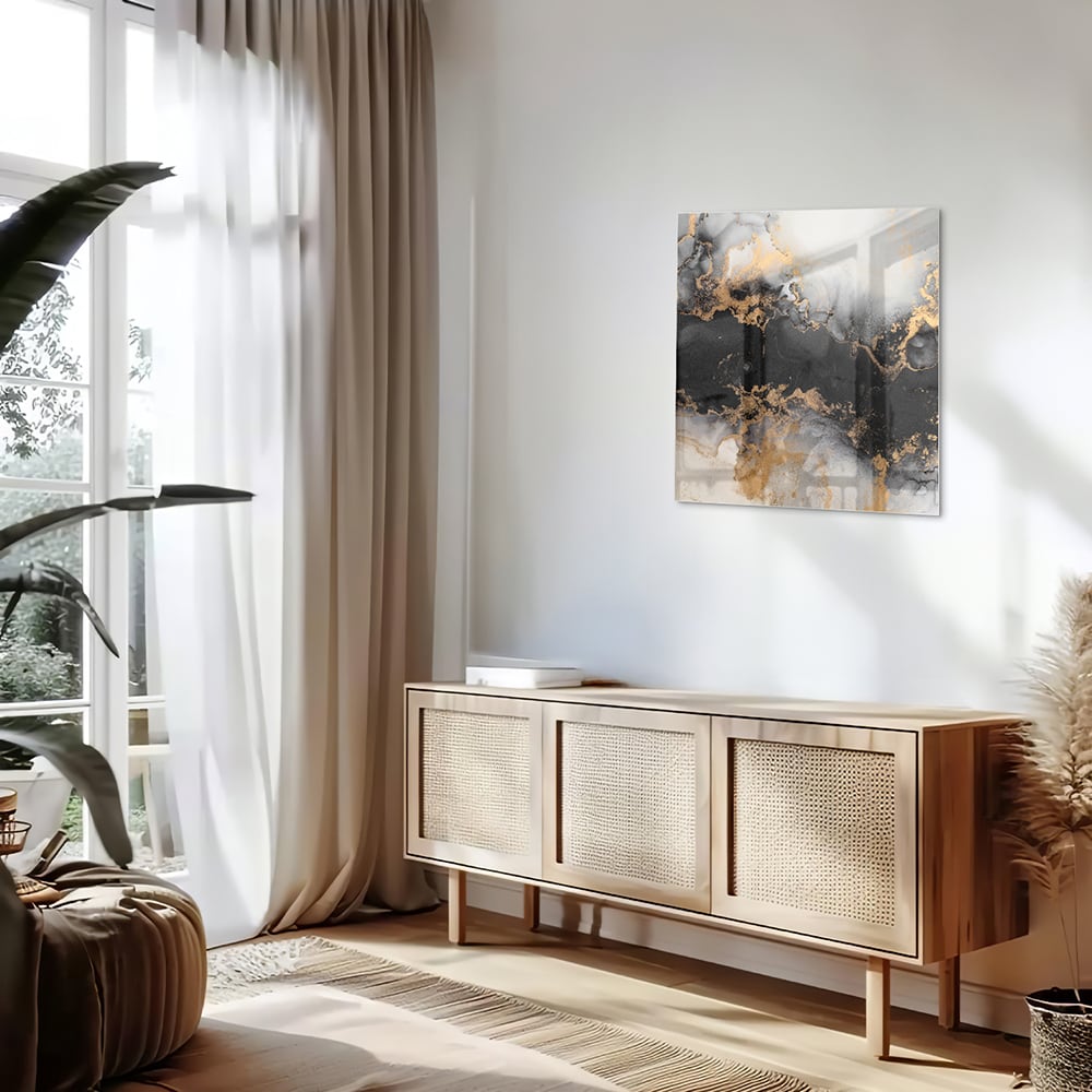 Elegantes Glasbild mit Gold und Schwarz – Glasbild aus Sicherheitsglas, Größe 120x60