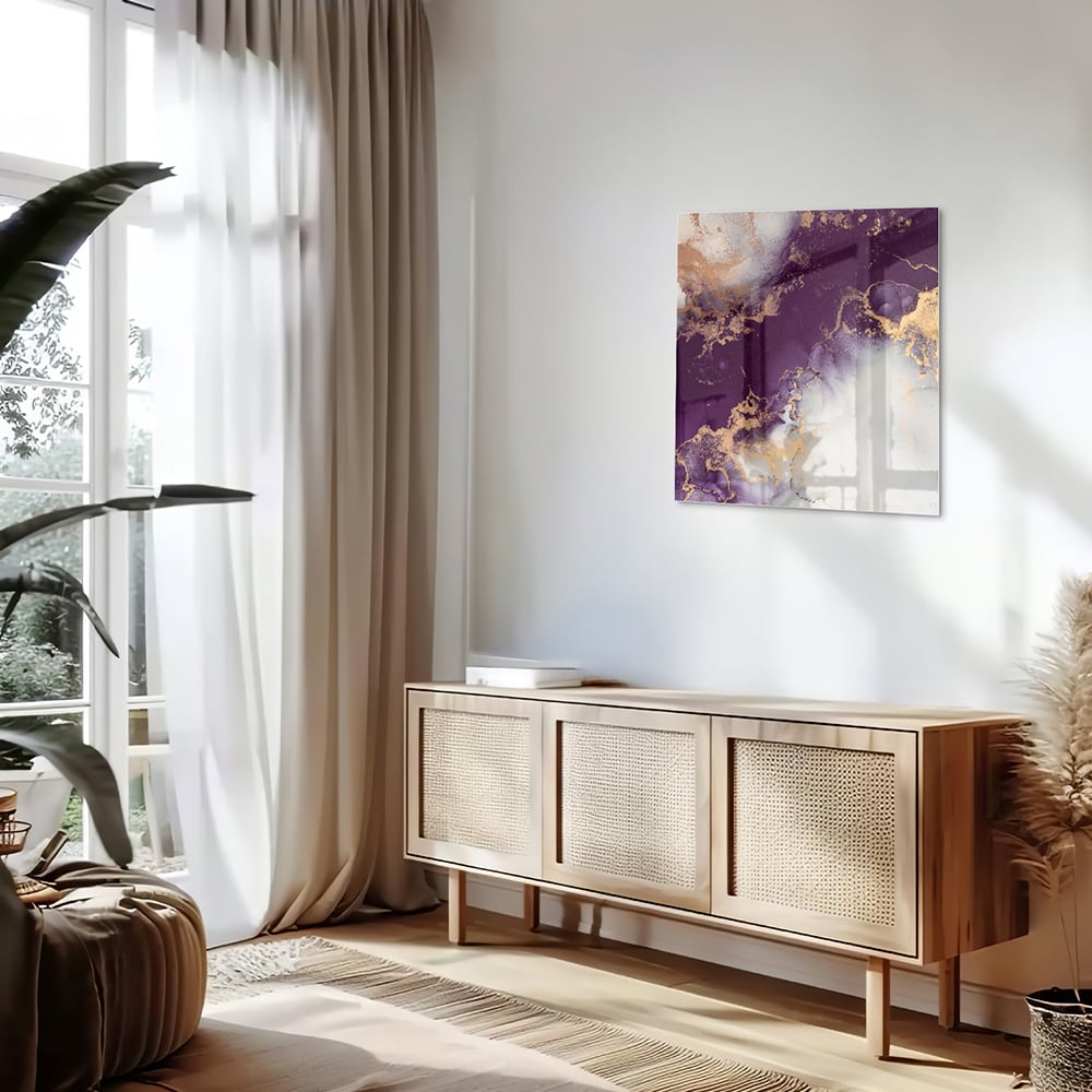 Violettes Glasbild mit goldenen Akzenten – Glasbild aus Sicherheitsglas, Größe 120x60