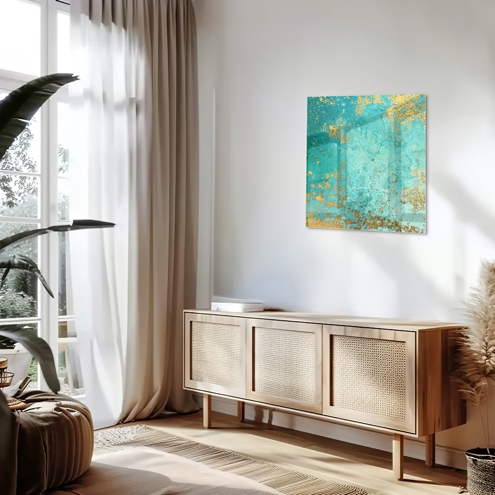 Glasbild mit goldenen Akzenten auf Türkis – Glasbild aus Sicherheitsglas, Größe 120x60