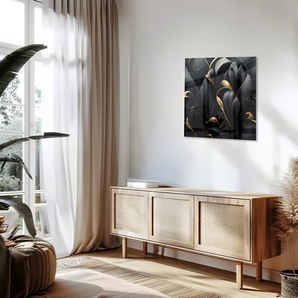 Elegantes Glasbild mit goldenen Blättern – Glasbild aus Sicherheitsglas, Größe 120x60