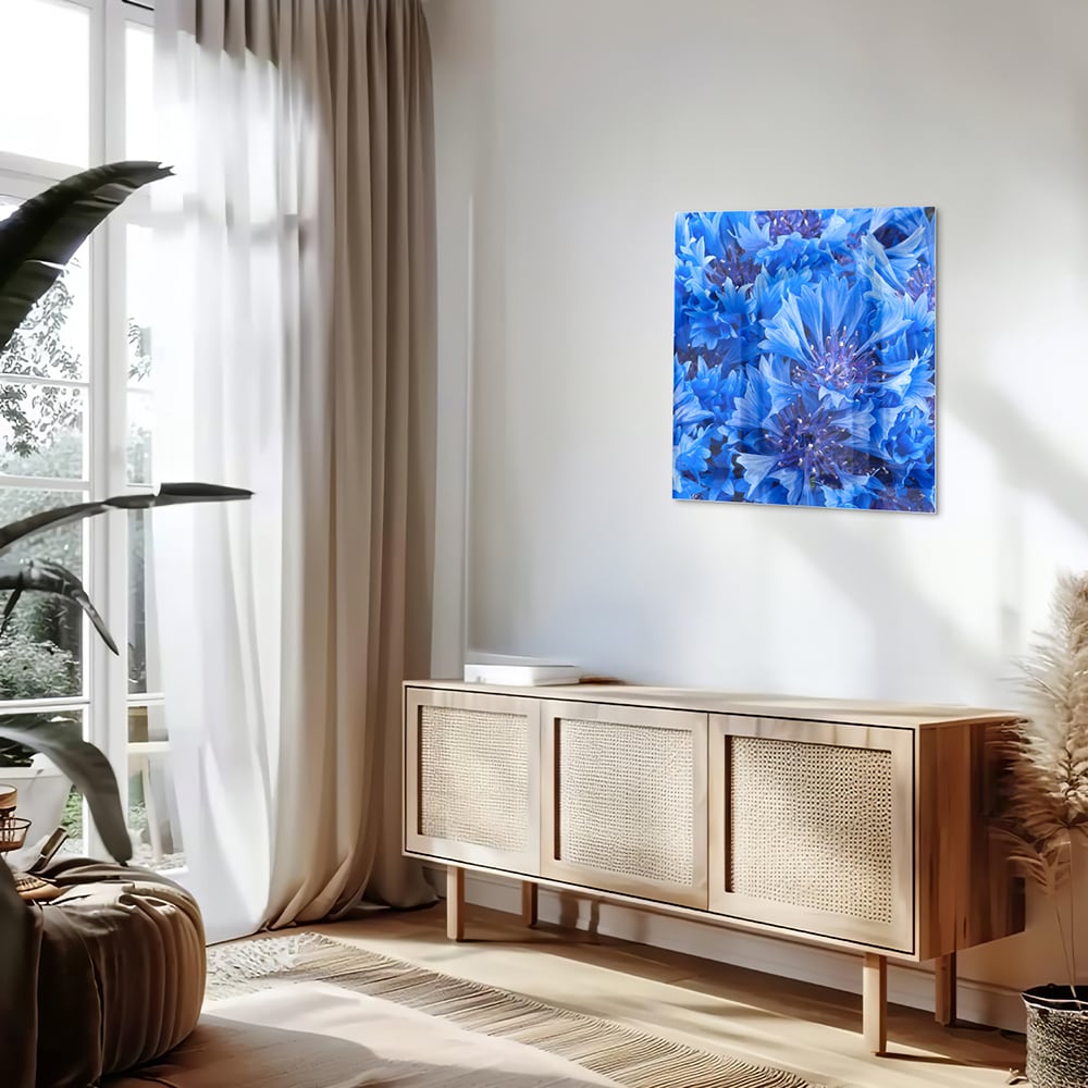 Blaues Glasbild mit Blumenmotiv – Glasbild aus Sicherheitsglas, Größe 120x60