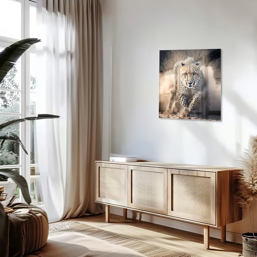 Dynamisches Glasbild mit einem Geparden – Glasbild aus Sicherheitsglas, Größe 120x60