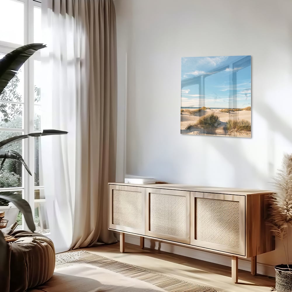 Glasbild mit Dünen und blauem Himmel – Glasbild aus Sicherheitsglas, Größe 120x60